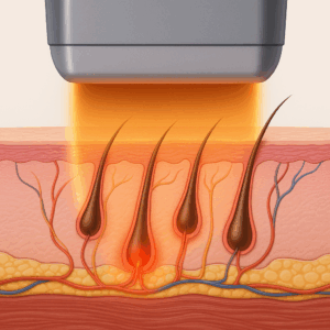 ヴィーナスワンによる蓄熱式医療脱毛の断面図。肌層と毛根に熱を与える照射イメージ。